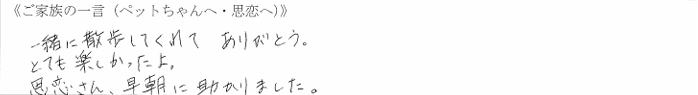 一緒にお散歩をしてくれてありがとう。とても楽しかったよ。思恋さん、早朝に助かりました。